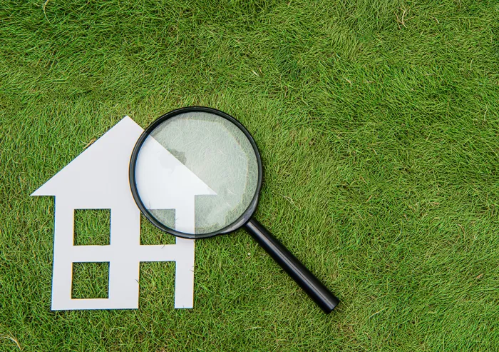 Home Energy Model explanation - Green turf with white house and magnifying glass