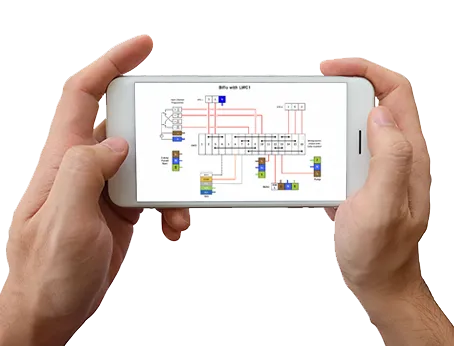 Two hands holding a phone with an image of a wiring diagram on the screen