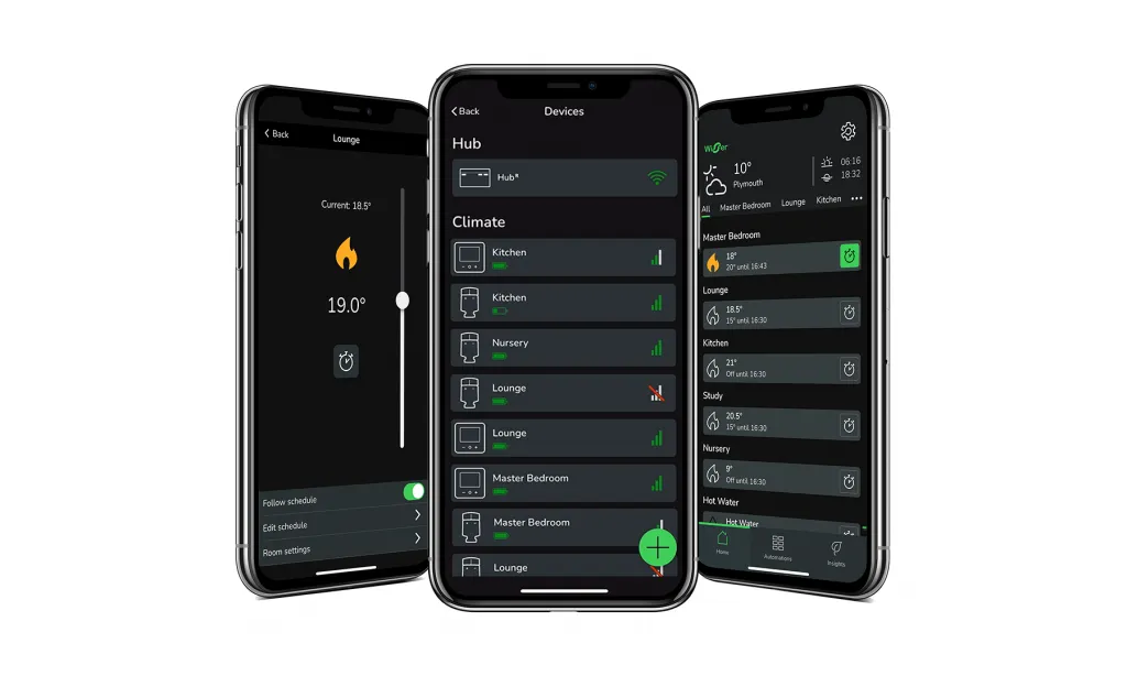 The Wiser Home app in Dark Mode, displaying its many smart heating control features