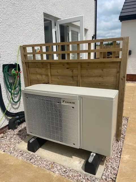 A Daikin air source heat pump at a bunnyhomes new build property at The Watchmaker's in Bodmin, with WIser providing smart heating control