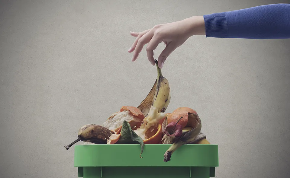 A picture of a hand placing a banana skin into a full food waste caddy