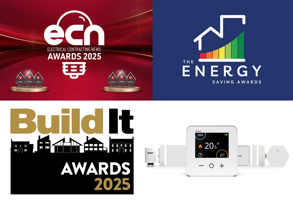 Logos from awarding bodies ECN, Energy Saving, and BuildIt, with a Wiser 2nd Gen product group shot